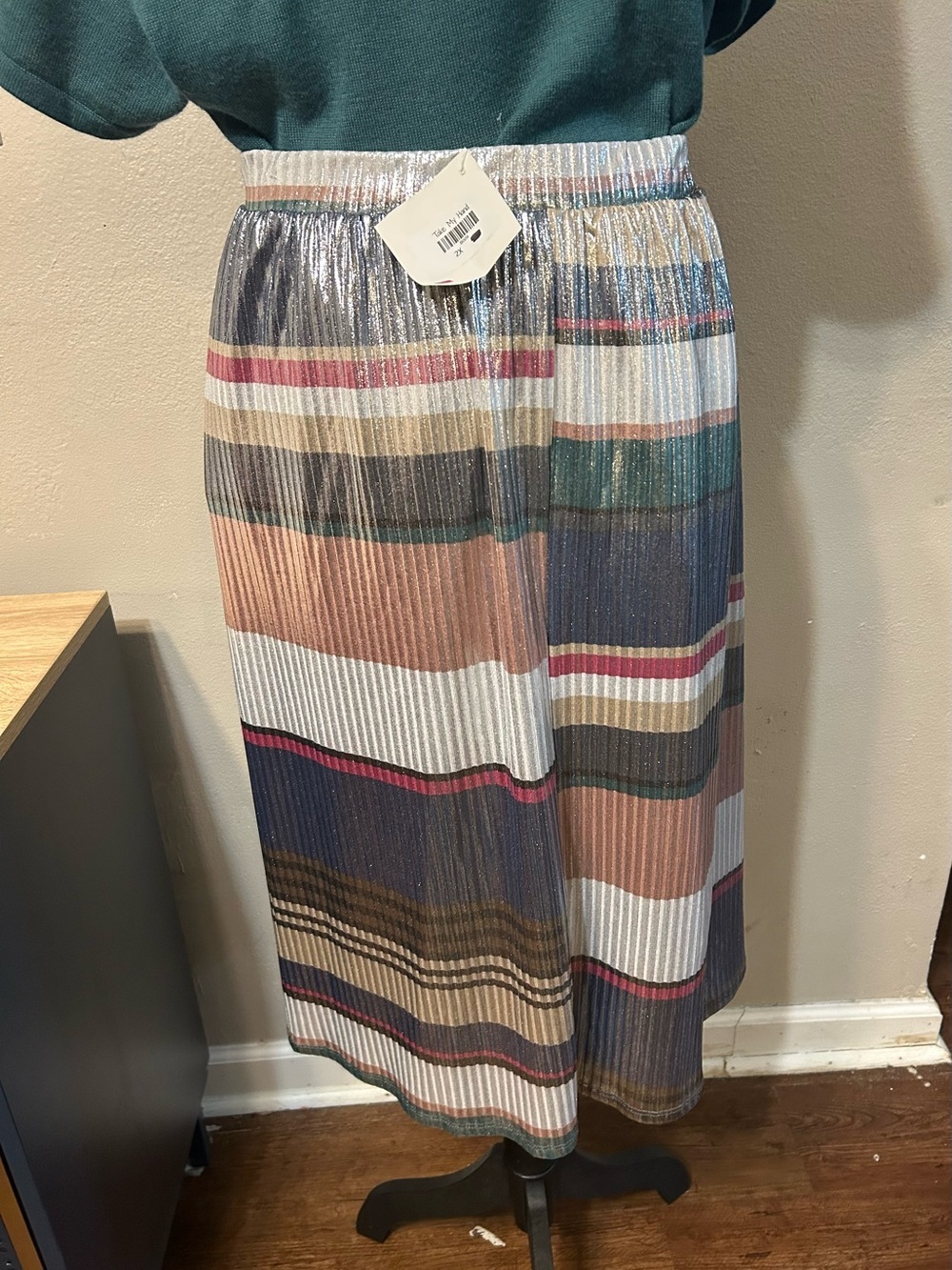 Jessy B ModCloth Metallic Pleated Stripe Midi Skirt 2X Plus Size Made USA - Picture 2 of 5